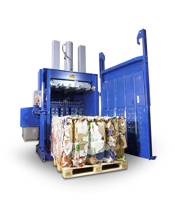 Front view of the BP53 baler against a blank background with a cube of compacted plastics at its base. The door is ajar.