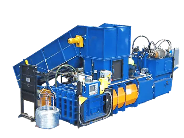 Back view against a blank background of the blue Twin Ram Baler. A coil of white cord sits to its side, connected by wires.